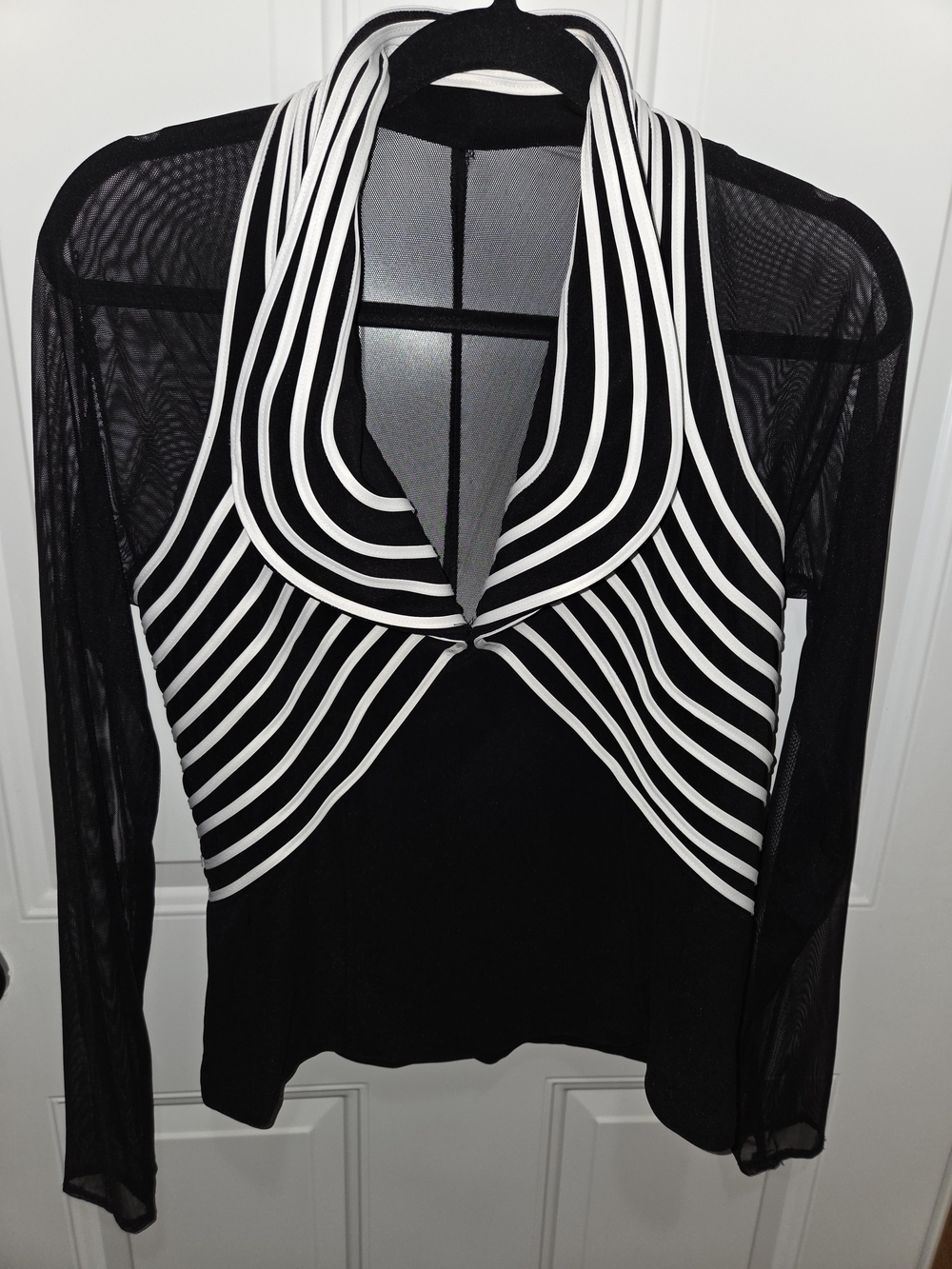Joseph Ribkoff Black Top with White Striped Halter Detail